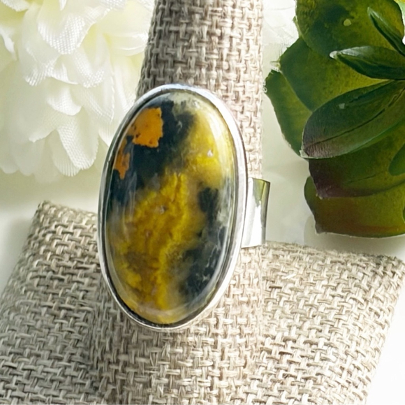 Chunky Bumblebee Jasper Ring Size 9 Bumble Bee Jasper Ring Boho Southwest 925 - Picture 2 of 9